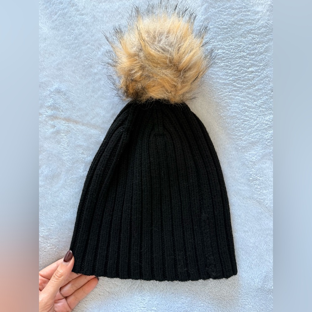 J.Crew Factory - Black Knit Beanie with Faux Fur Pom